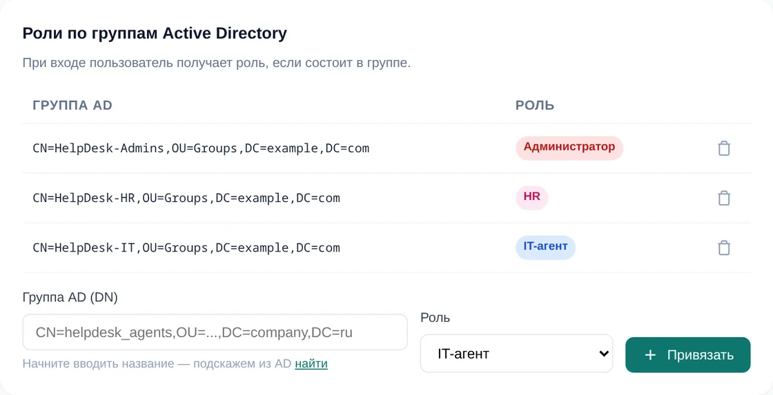 Вкладка «Роли из AD» в демо OfisDesk: группы HelpDesk-Admins, HelpDesk-HR и HelpDesk-IT привязаны к ролям администратора, HR и IT-агента