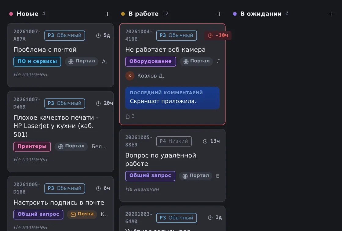 Канбан заявок в демо OfisDesk: новая заявка «Проблема с почтой» в колонке «Новые»