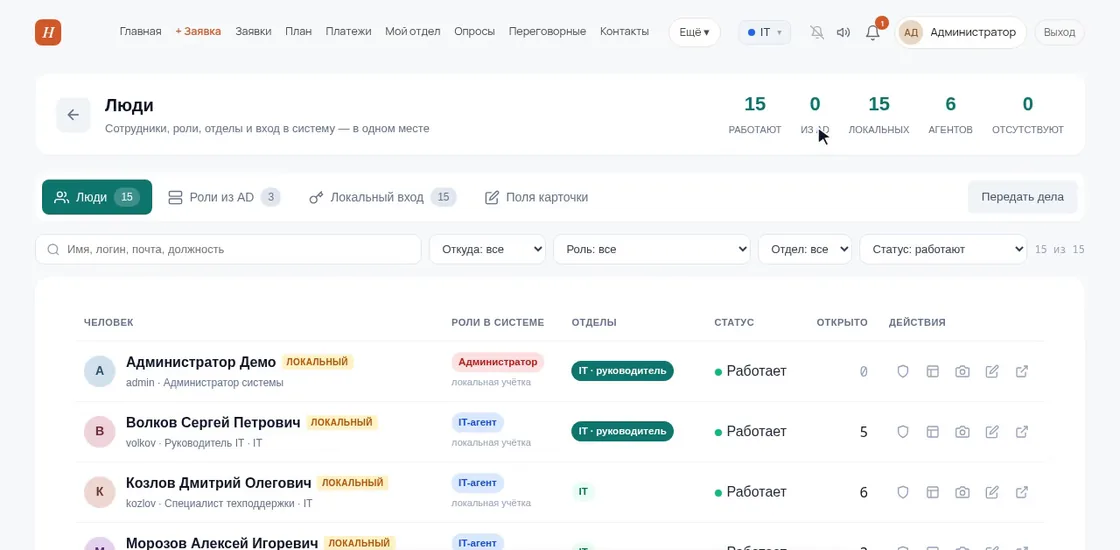 Раздел «Люди» в демо OfisDesk: таблица сотрудников с ролями «Администратор», «IT-агент», отделами «IT · руководитель» и статусом