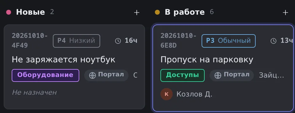 Канбан IT-заявок в демо OfisDesk: колонки «Новые» и «В работе», у заявок номер, приоритет, категория, канал «Портал», исполнитель и оставшиеся часы
