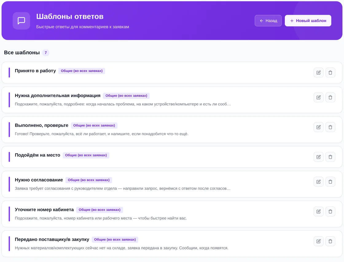 Раздел «Шаблоны ответов» в демо OfisDesk: семь шаблонов — «Принято в работу», «Нужна дополнительная информация», «Выполнено, проверьте», «Подойдём на место», «Нужно согласование», «Уточните номер кабинета», «Передано поставщику/в закупку»