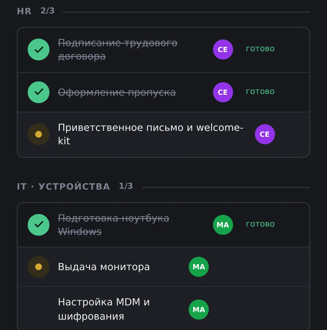 Чек-лист выхода в демо OfisDesk: Ершов Илья Андреевич, выход пн, 26 окт 2026, через 9 дней; готово 5 из 15, в работе 2, блокеры 1, прогресс 33 %; группа HR — договор и пропуск готовы, IT · Устройства — ноутбук готов, монитор в работе