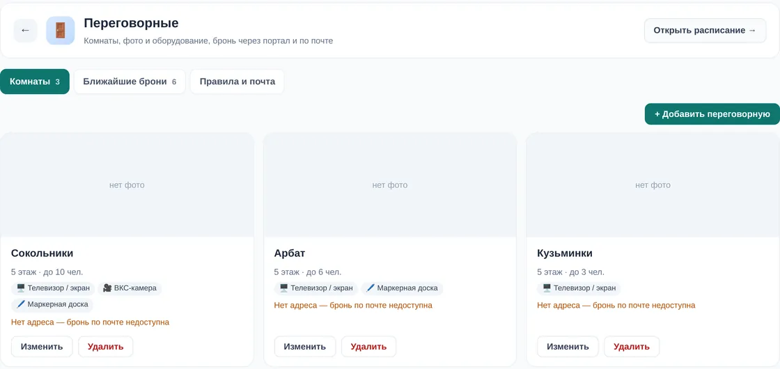 Раздел «Переговорные» в админке демо OfisDesk: карточки «Сокольники», «Арбат», «Кузьминки» с вместимостью и оборудованием, пометки «нет фото» и «Нет адреса — бронь по почте недоступна»
