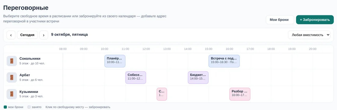 Страница «Переговорные» в демо OfisDesk на 9 октября: «Сокольники», «Арбат» и «Кузьминки» по часам с 08:00 до 21:00, брони «Планёрка отдела продаж», «Собеседование: маркетолог», «Бюджет на 2027 год» и другие