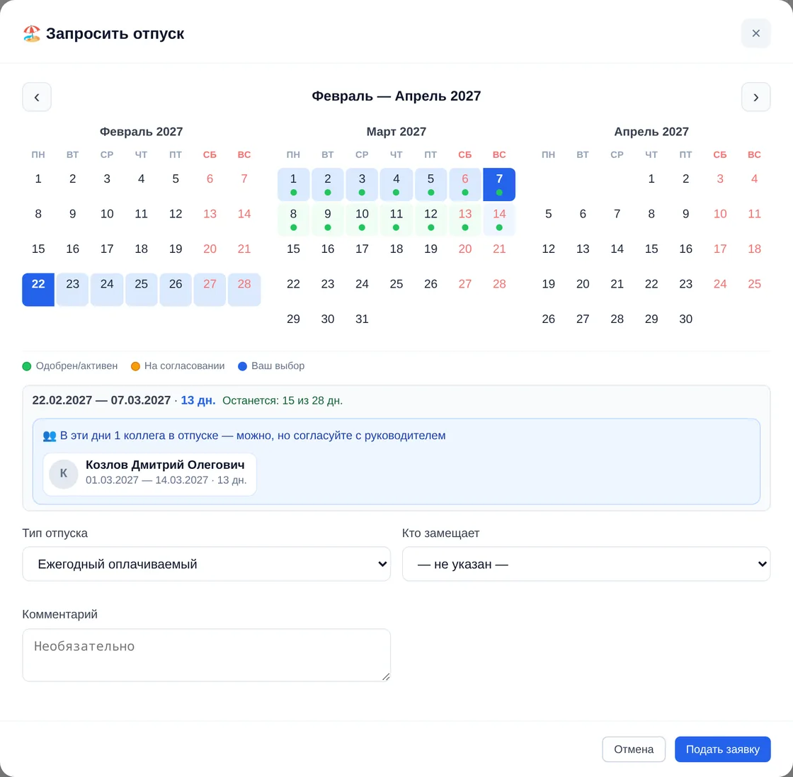Окно «Запросить отпуск» в демо OfisDesk: календарь февраль — апрель 2027, выбраны 22.02–07.03.2027, 13 дн., «Останется: 15 из 28 дн.», предупреждение «В эти дни 1 коллега в отпуске» с отпуском Козлова Д. О. 01.03–14.03.2027